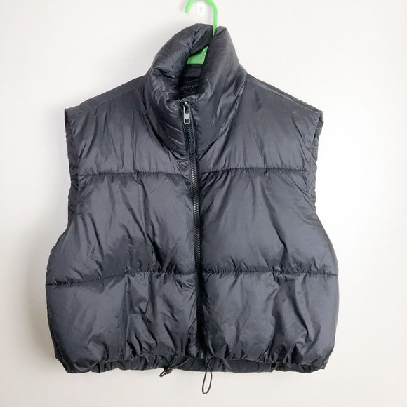 Cropped Black Full Zip Quilted Puffer Vest Womens Medium - Picture 1 of 5